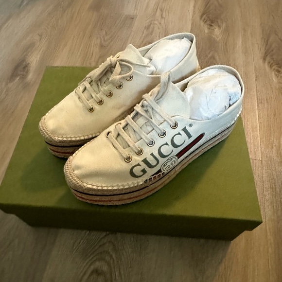 GUCCI CANVAS LOGO WEDGE ESPADRILLE PLATFORM SHOES - Picture 5 of 5